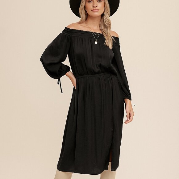 HEM & THREAD Off-Shoulder Black Midi Dress | Boho Chic Long Sleeve Dress - Picture 3 of 5